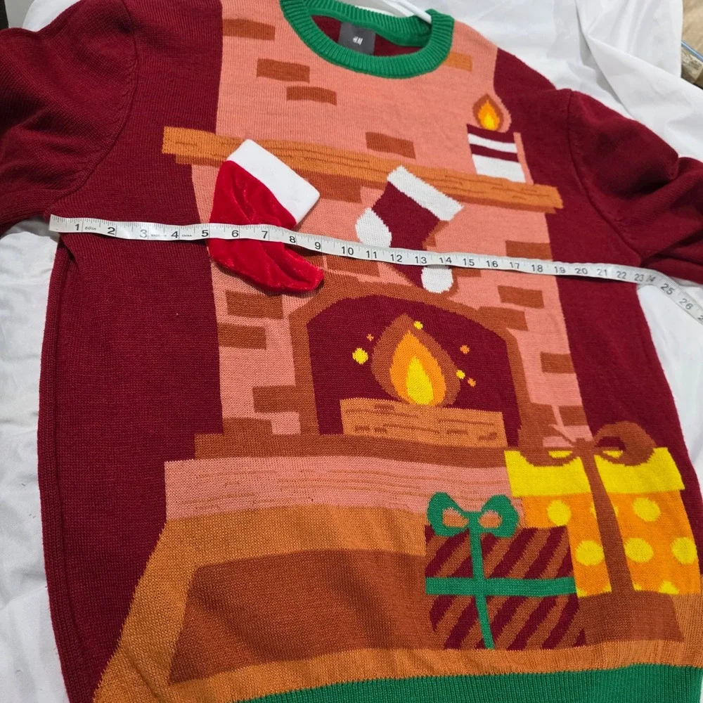 H&M Mens Ugly Christmas Sweater Size Large Red Fireplace 3D Stocking Holiday